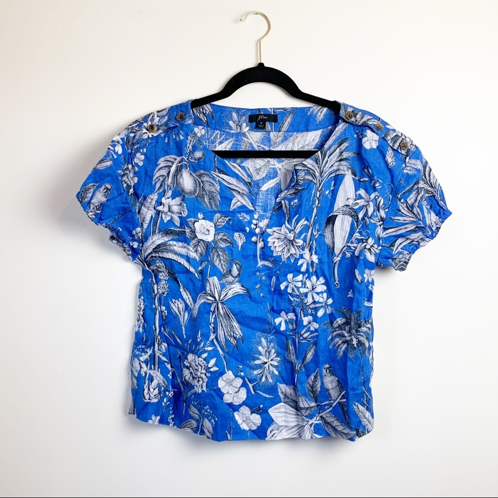 J. Crew Linen Ratti Tropical Toile Blue Blouse Top